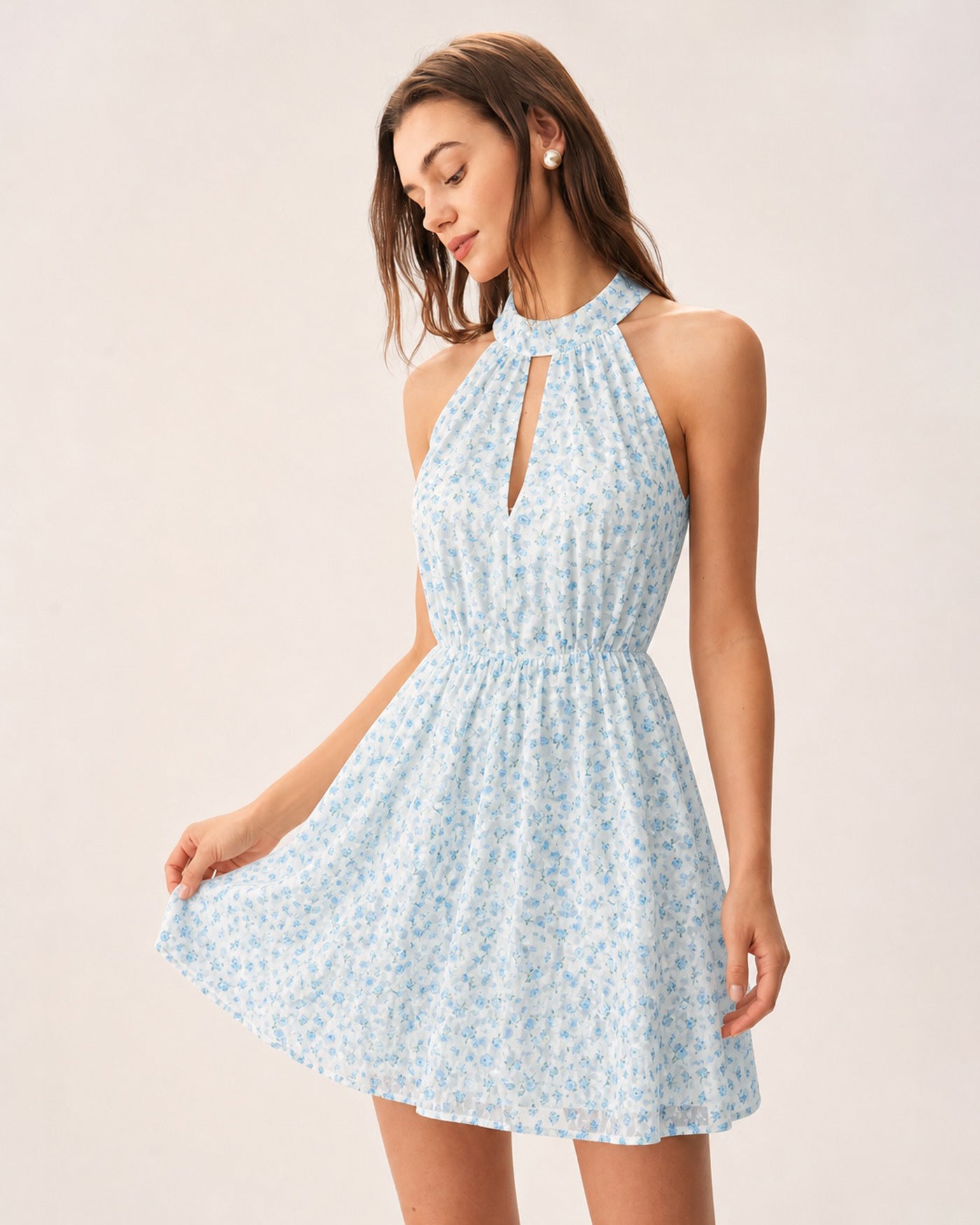 Floral Mini Dress with Blue Mock Neck and Cut-Out Details