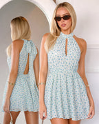 Floral Mini Dress with Blue Mock Neck and Cut-Out Details
