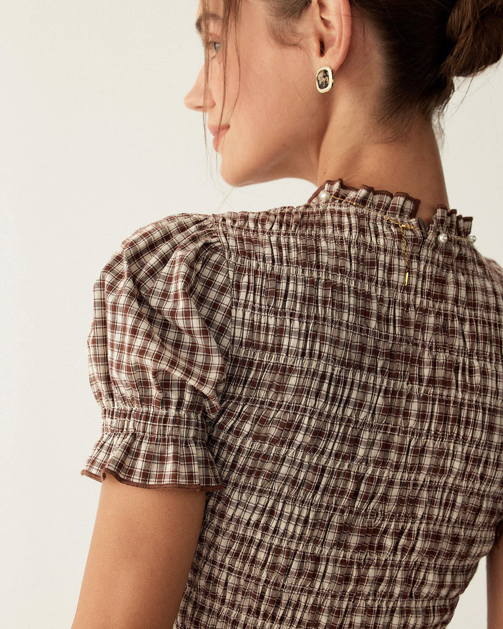 Coffee Check Puffed Sleeve Mini Dress
