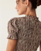 Coffee Check Puffed Sleeve Mini Dress