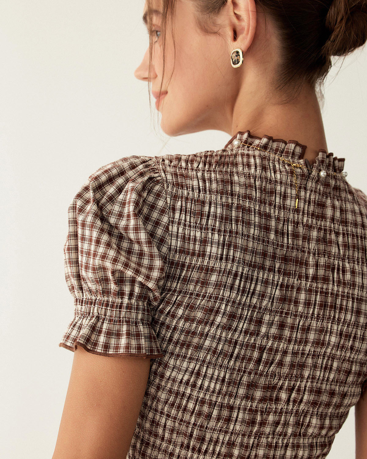 Coffee Check Puffed Sleeve Mini Dress