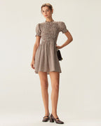 Coffee Check Puffed Sleeve Mini Dress