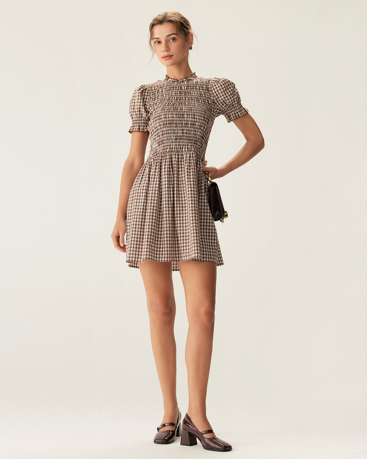 Coffee Check Puffed Sleeve Mini Dress