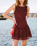 Red Jacquard A-Line Mini Dress with Boat Neck