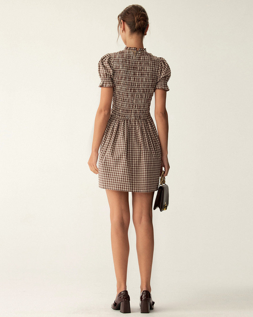 Coffee Check Puffed Sleeve Mini Dress