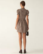 Coffee Check Puffed Sleeve Mini Dress