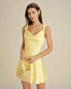 Yellow Satin Mini Dress with Cowl Neck
