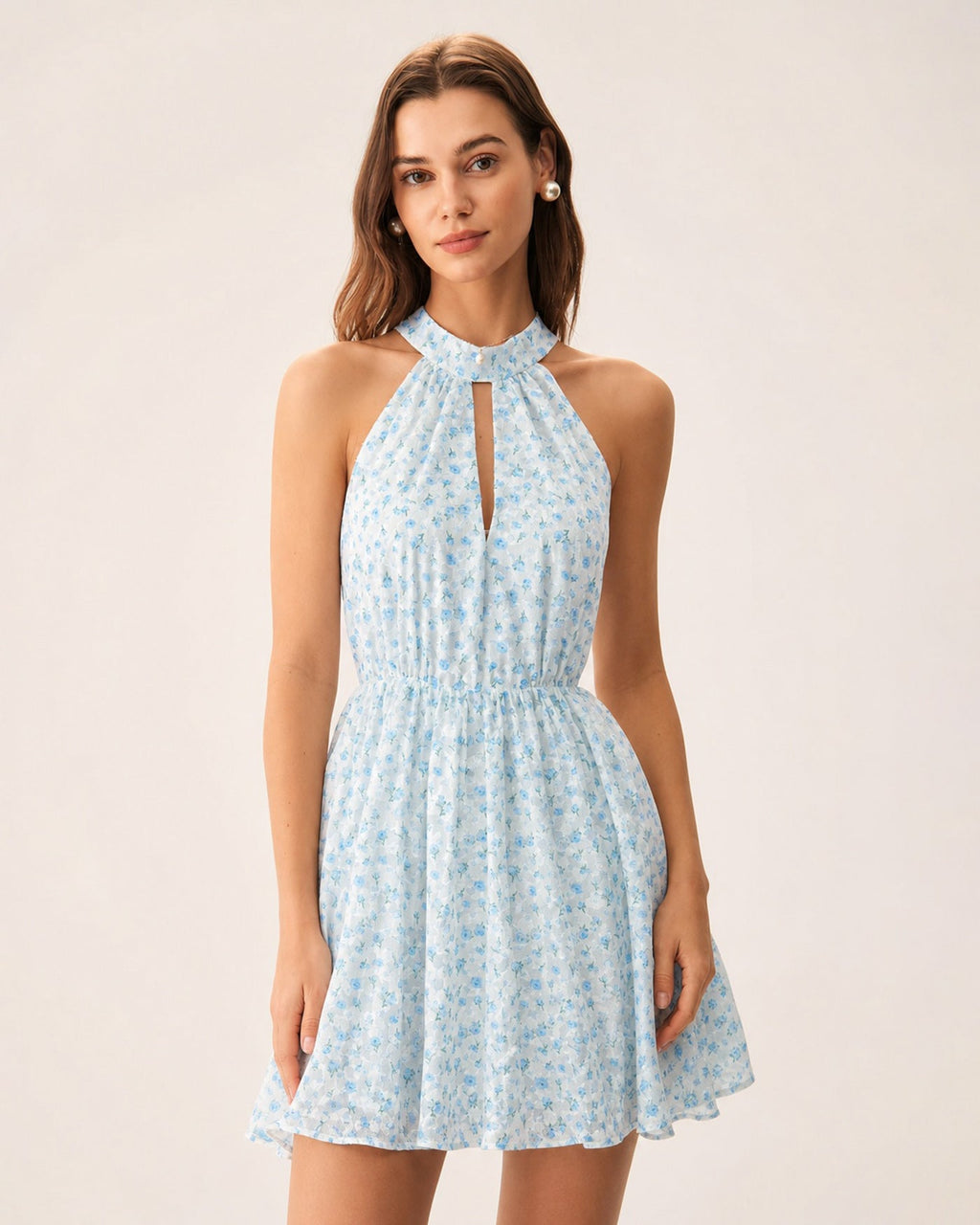 Floral Mini Dress with Blue Mock Neck and Cut-Out Details