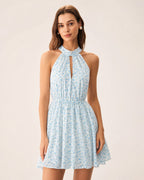 Floral Mini Dress with Blue Mock Neck and Cut-Out Details