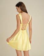 Yellow Satin Mini Dress with Cowl Neck