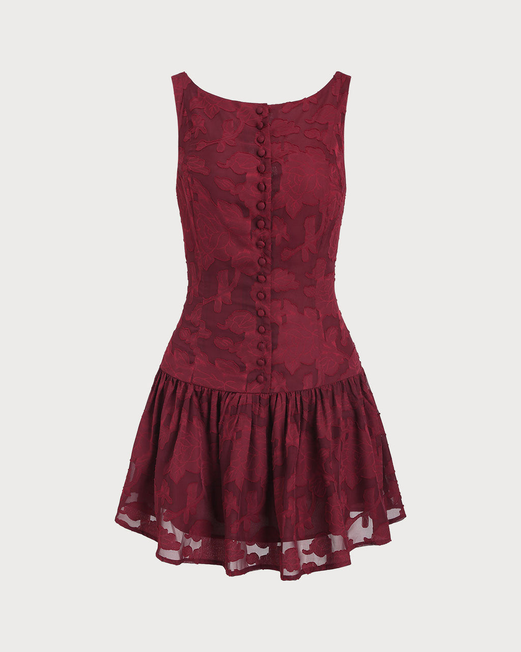 Red Jacquard A-Line Mini Dress with Boat Neck