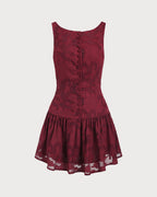Red Jacquard A-Line Mini Dress with Boat Neck