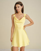 Yellow Satin Mini Dress with Cowl Neck