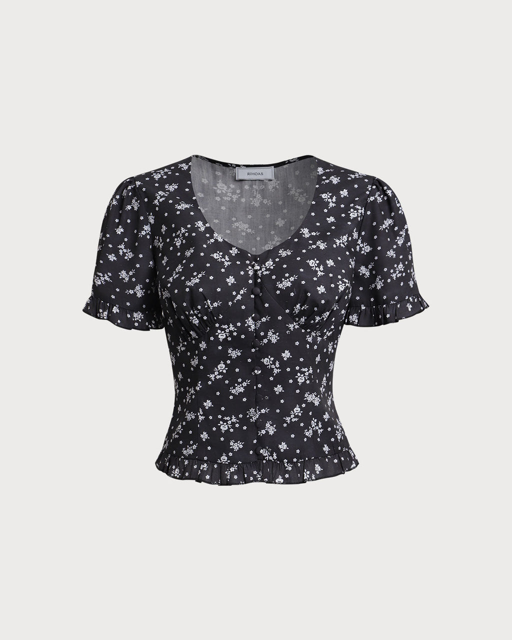 Floral Print Scoop Neck Blouse in Black
