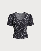 Floral Print Scoop Neck Blouse in Black