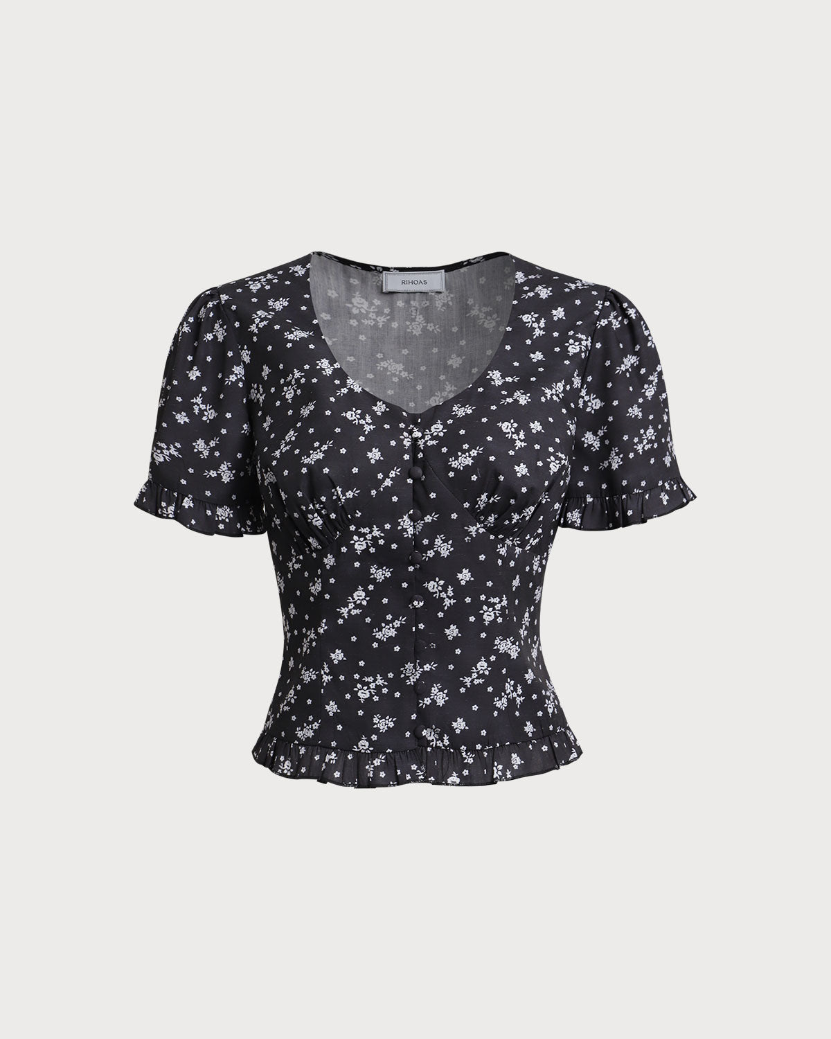 Floral Print Scoop Neck Blouse in Black