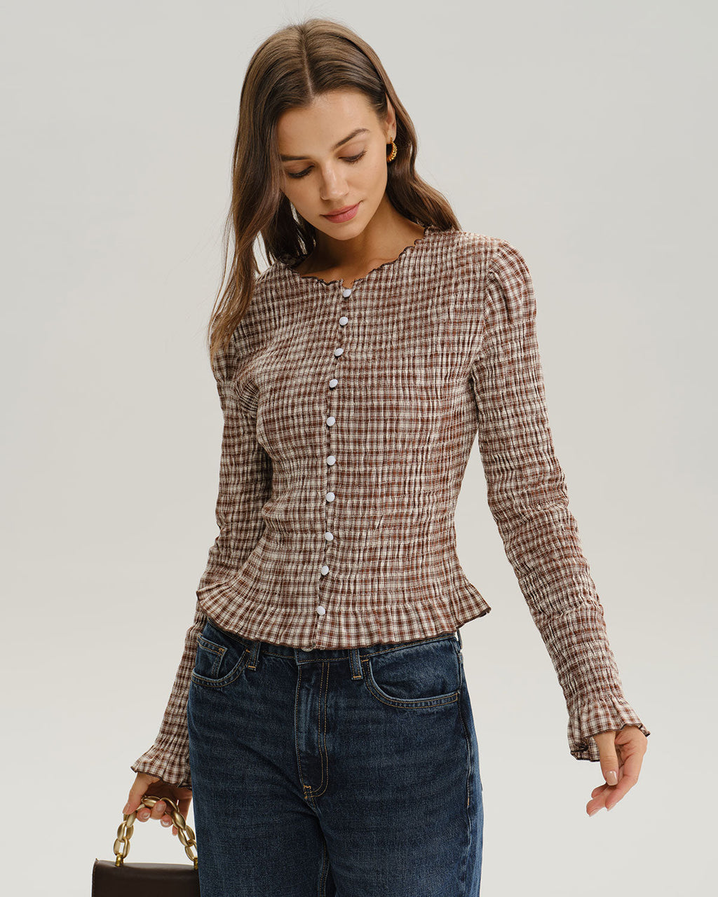 Brown Plaid Blouse with Shirred Poet Sleeves