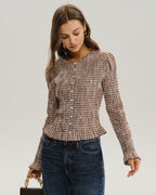 Brown Plaid Blouse with Shirred Poet Sleeves