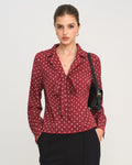 Dark Red Tie-Neck Shirt with Polka Dots