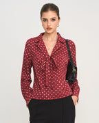 Dark Red Tie-Neck Shirt with Polka Dots