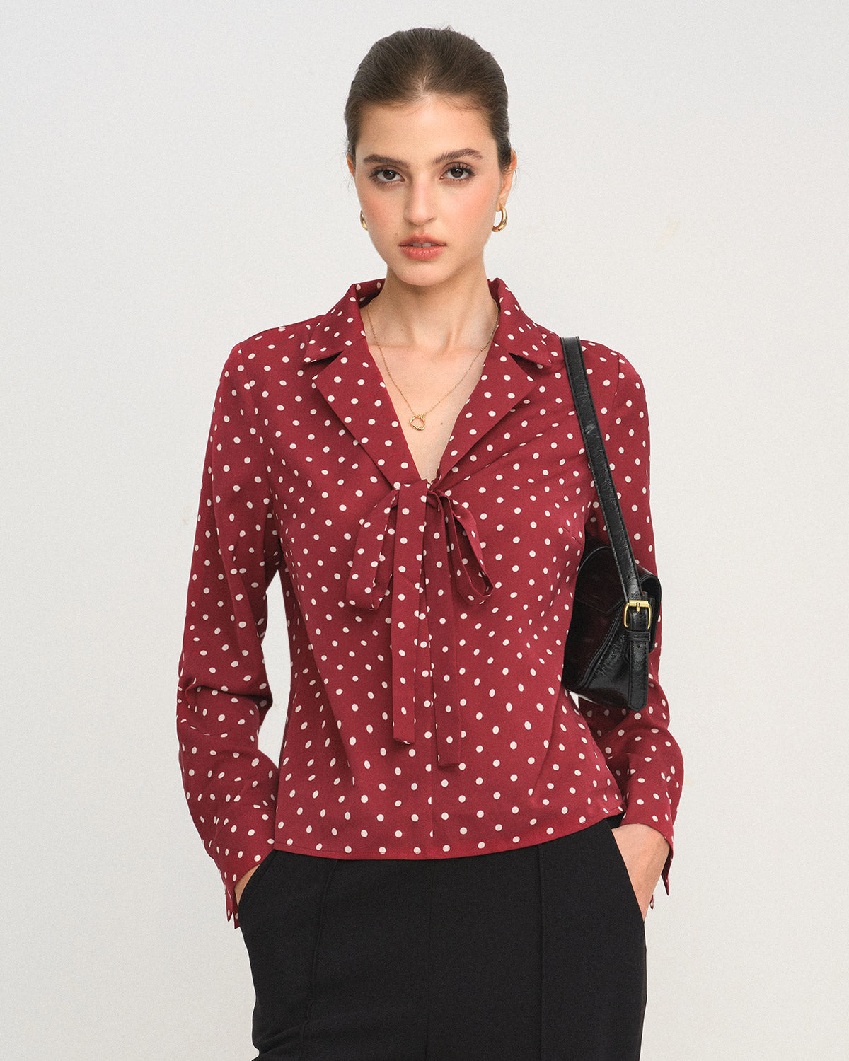 Dark Red Tie-Neck Shirt with Polka Dots