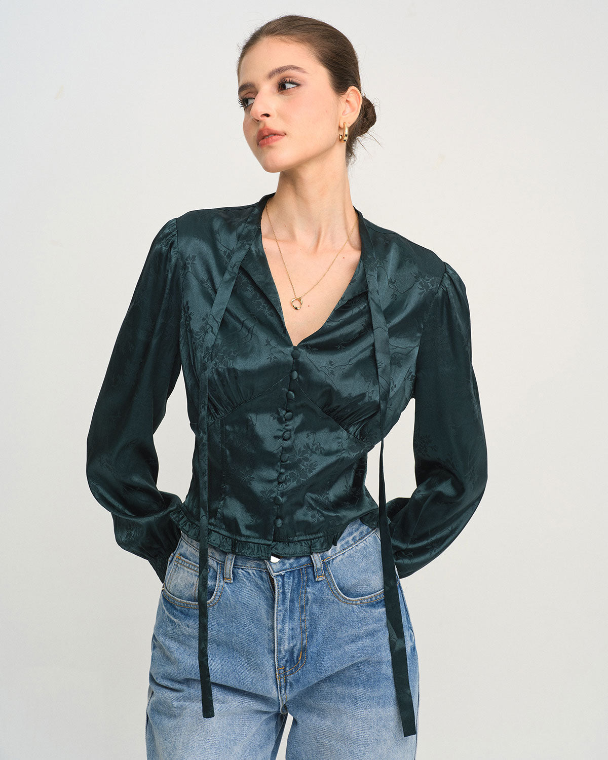Emerald Jacquard Tie-Neck Blouse