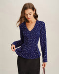 Navy V-Neck Shirt with Polka Dots