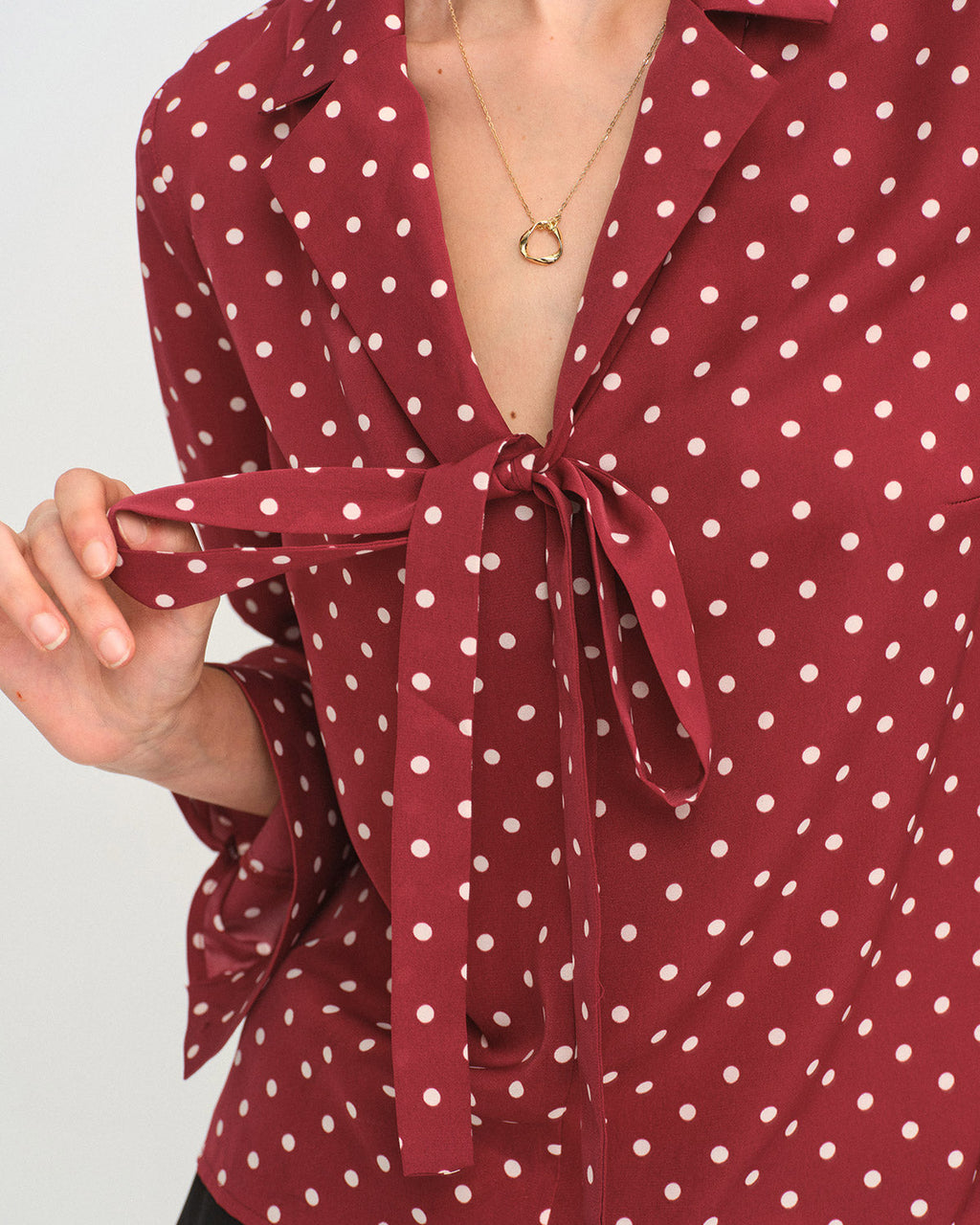 Dark Red Tie-Neck Shirt with Polka Dots