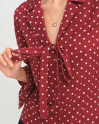 Dark Red Tie-Neck Shirt with Polka Dots