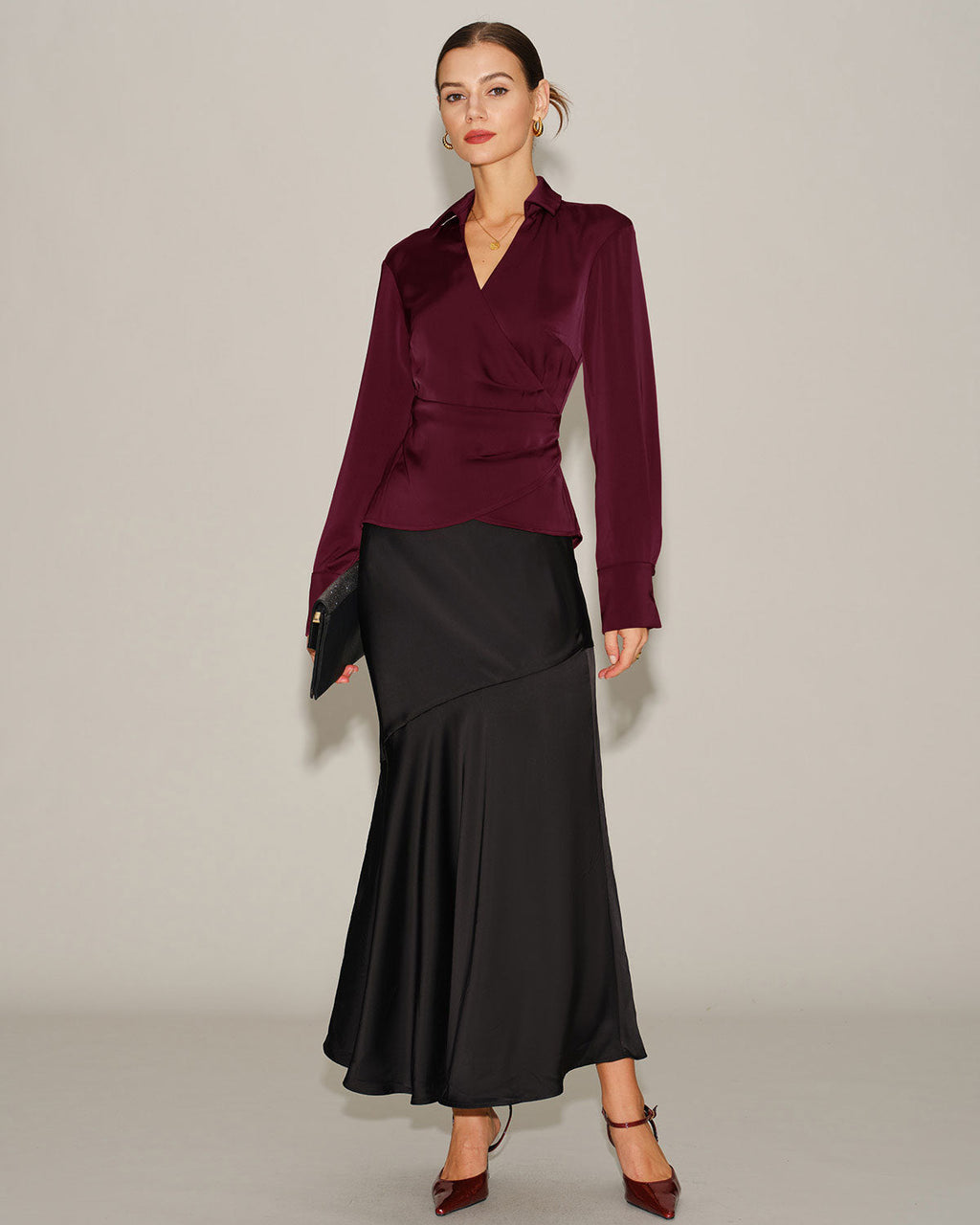 V-Neck Satin Tie Shirt in Wine Red