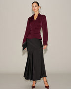 V-Neck Satin Tie Shirt in Wine Red
