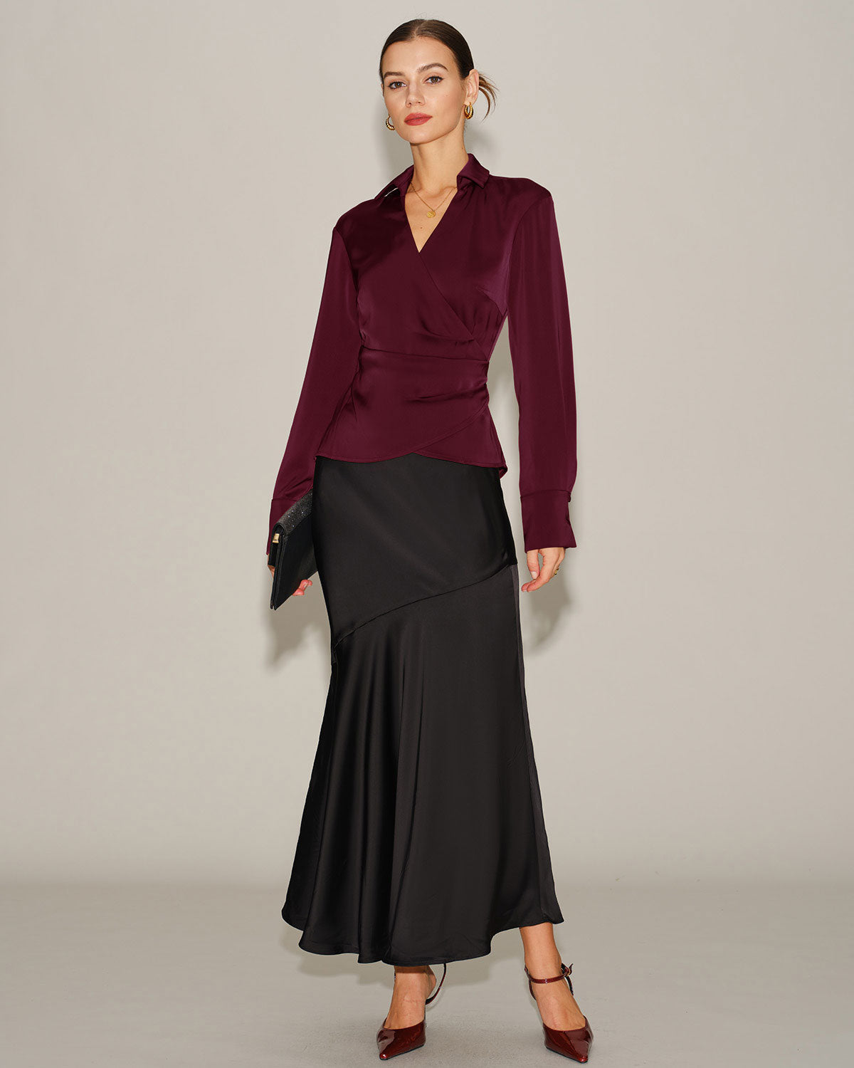 V-Neck Satin Tie Shirt in Wine Red