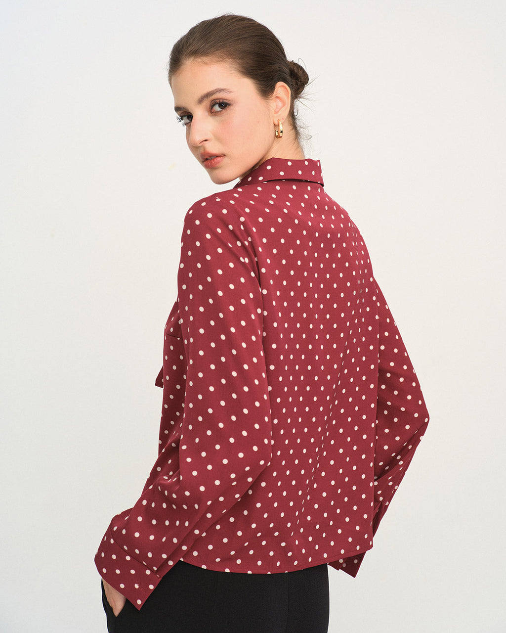 Dark Red Tie-Neck Shirt with Polka Dots