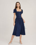 Polka Dot Blouse with Blue Square Neck