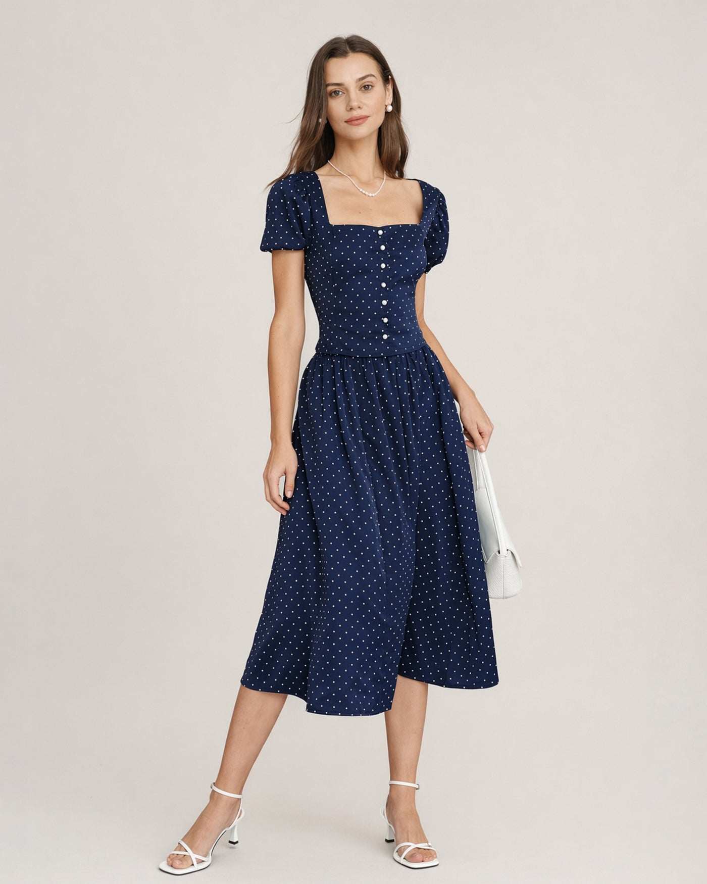 Polka Dot Blouse with Blue Square Neck