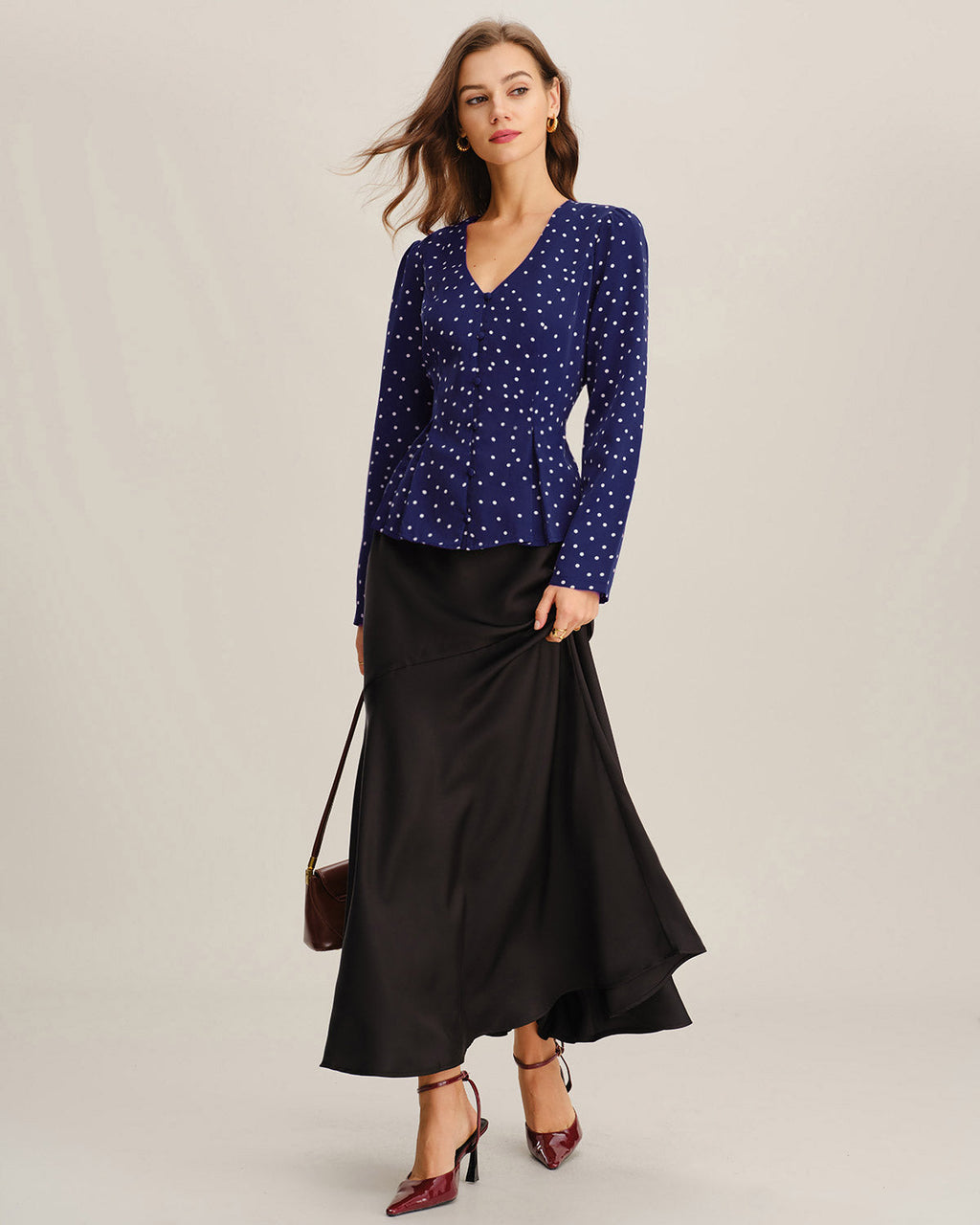 Navy V-Neck Shirt with Polka Dots