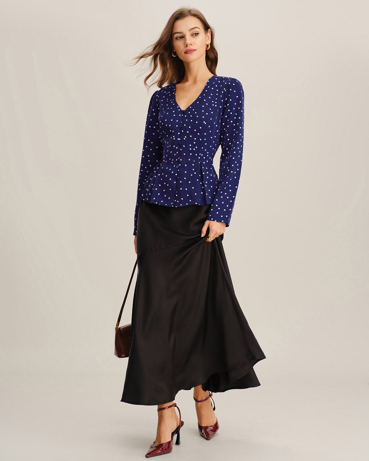 Navy V-Neck Shirt with Polka Dots