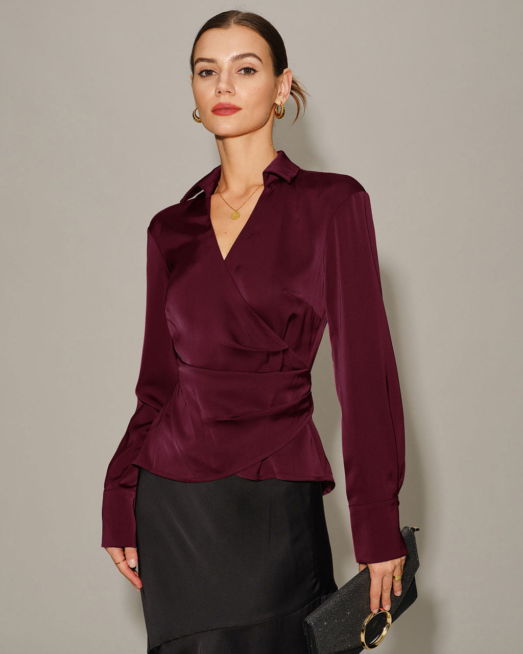 V-Neck Satin Tie Shirt in Wine Red