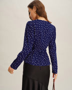 Navy V-Neck Shirt with Polka Dots