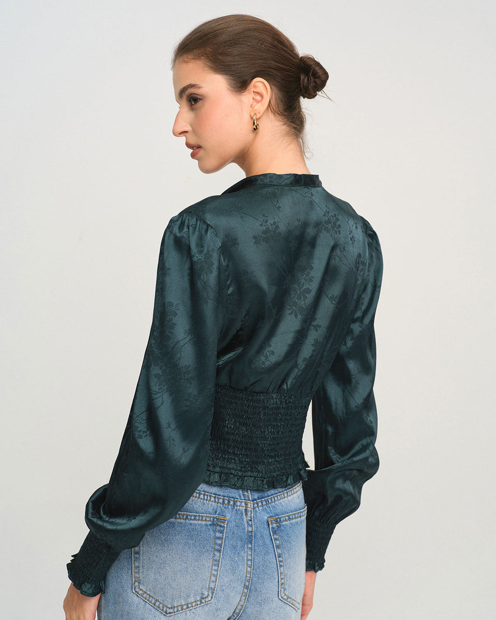 Emerald Jacquard Tie-Neck Blouse