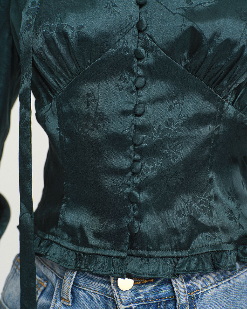 Emerald Jacquard Tie-Neck Blouse