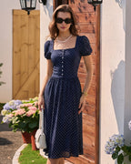 Polka Dot Blouse with Blue Square Neck