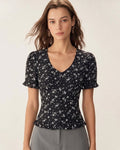 Floral Print Scoop Neck Blouse in Black