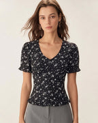 Floral Print Scoop Neck Blouse in Black