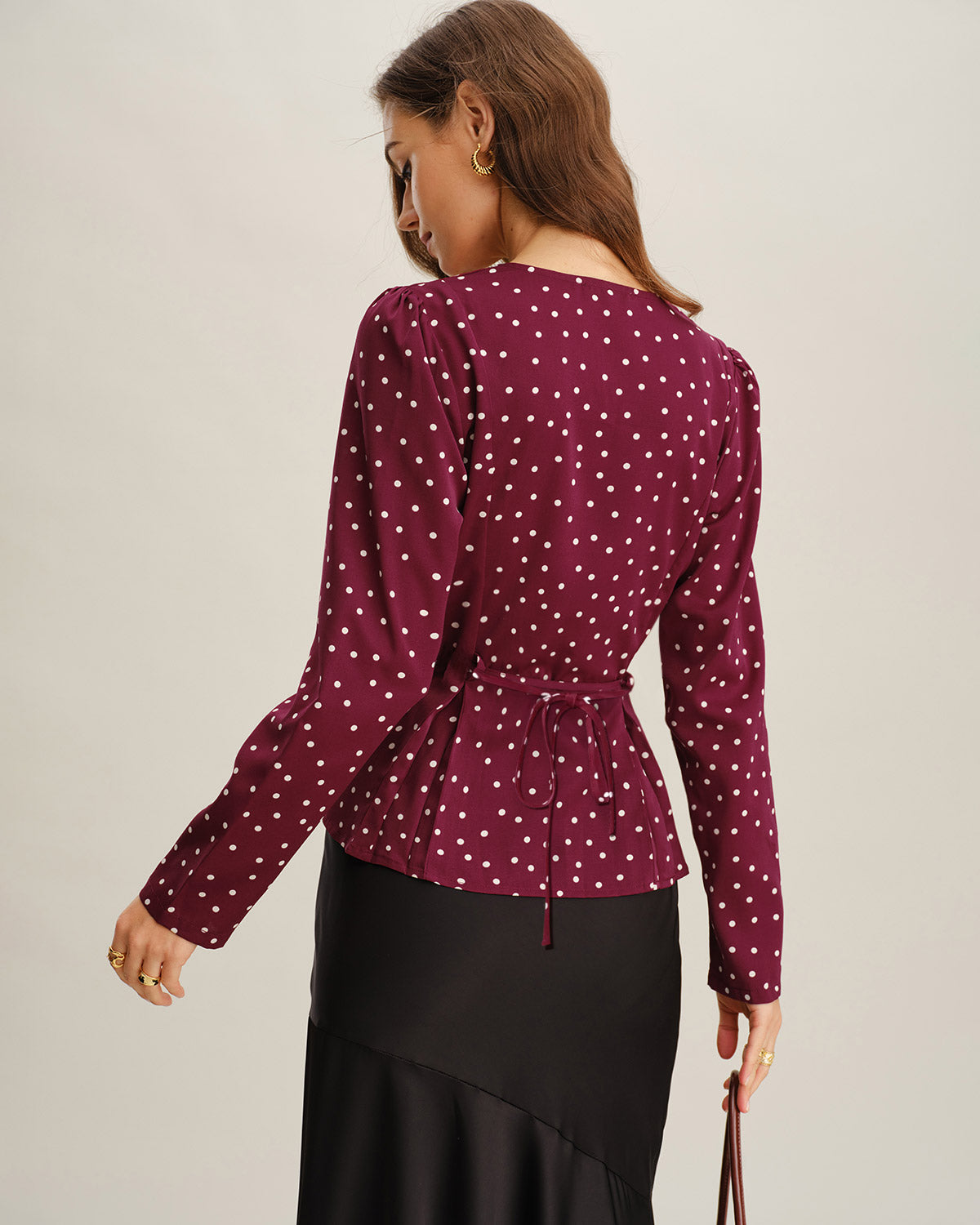 V-Neck Blouse in Wine Red with Polka Dots