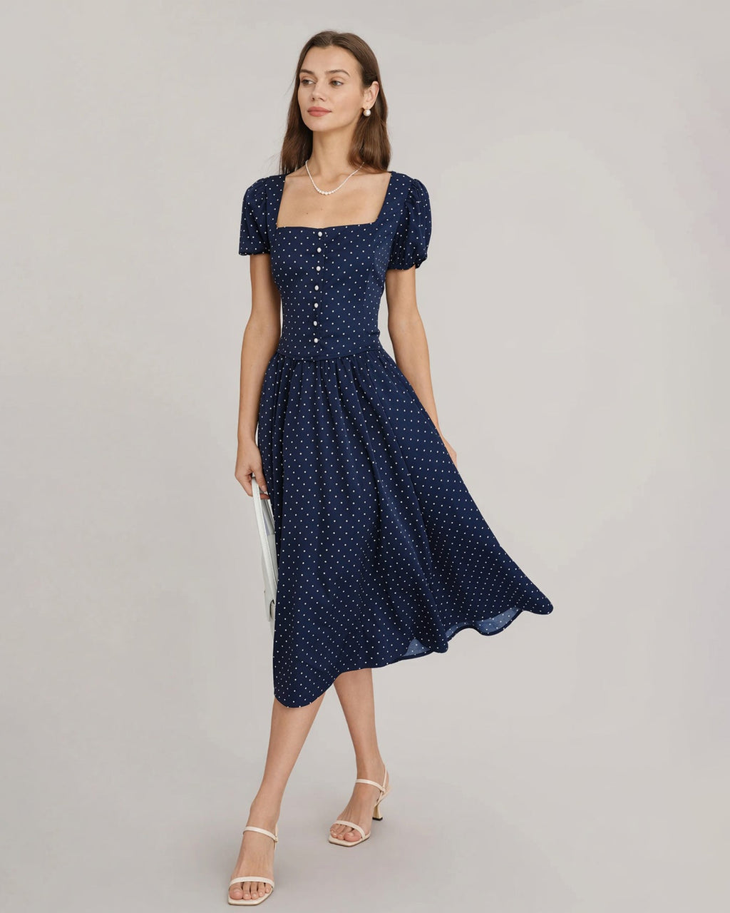 Polka Dot Blouse with Blue Square Neck