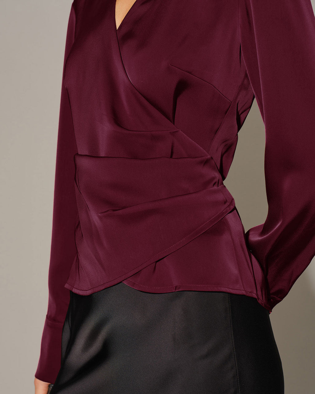 V-Neck Satin Tie Shirt in Wine Red