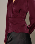 V-Neck Satin Tie Shirt in Wine Red
