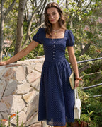 Polka Dot Blouse with Blue Square Neck
