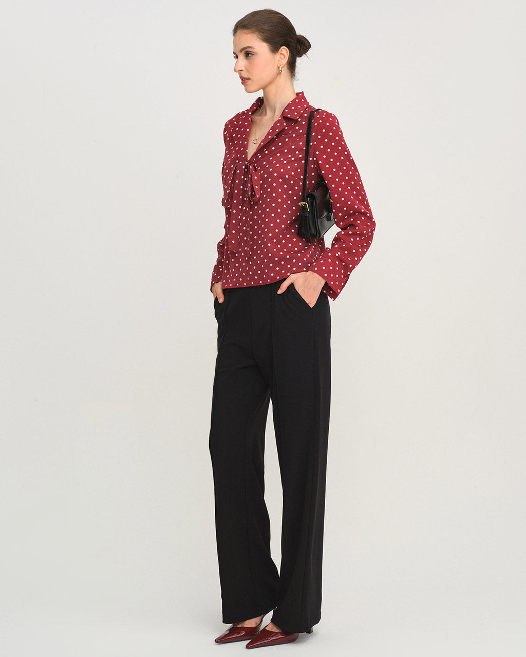 Dark Red Tie-Neck Shirt with Polka Dots